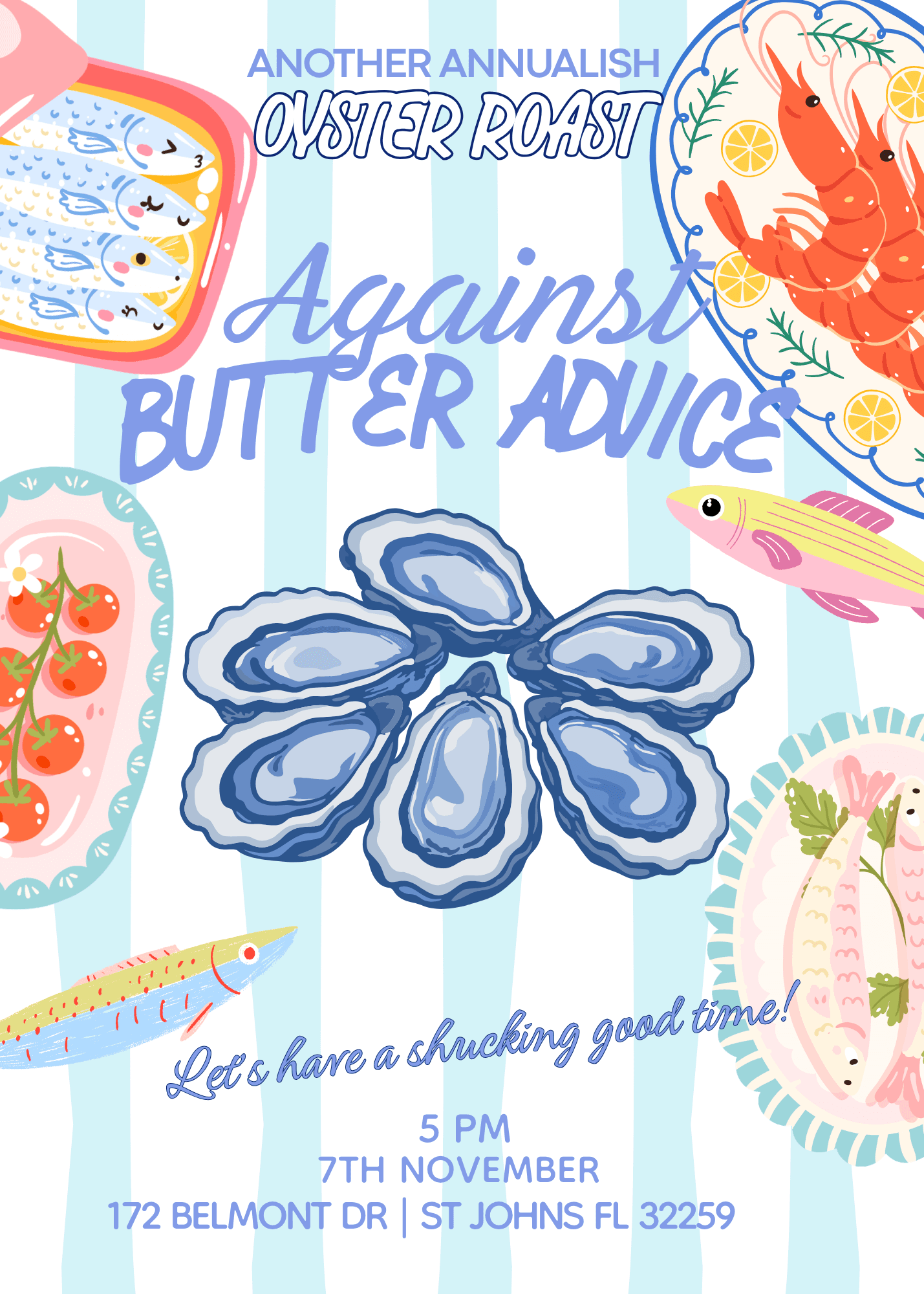 Illustrated oyster roast invitation with seafood platters and blue stripes